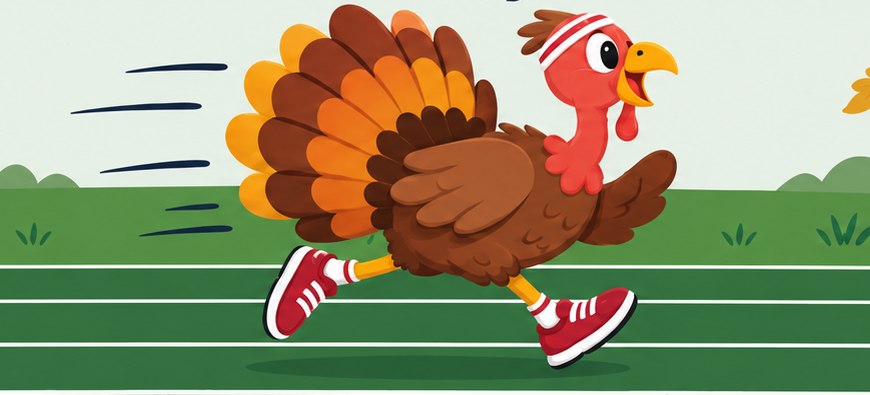 A cheerful cartoon turkey in red running shoes sprinting along a green track.